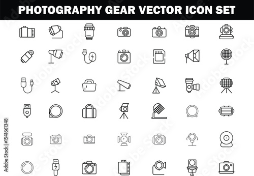 Photography Equipment Vector Icons | Camera, Lens, Tripod, Lighting, Studio Gear

