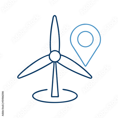 Icon of a wind turbine with a location pin, symbolizing the mapping and identification of renewable energy sites for sustainable development and planning.