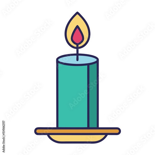 Stylized teal candle with a yellow flame on a dish against light green