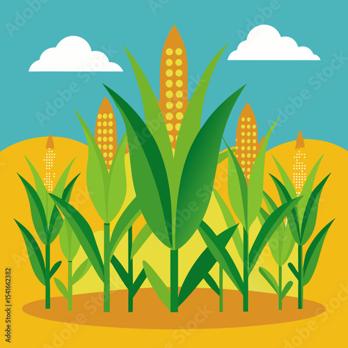 Geometric Corn Field Illustration with Blue Sky and White Clouds