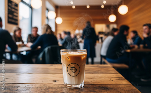 A glass of cafe latte on the table in a coffee shop.