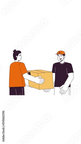 Male courier handing package to recipient 2D characters vertical animation. Successful order fulfillment. Parcel handover diverse men animated people cartoon 4K video isolated on white transparent