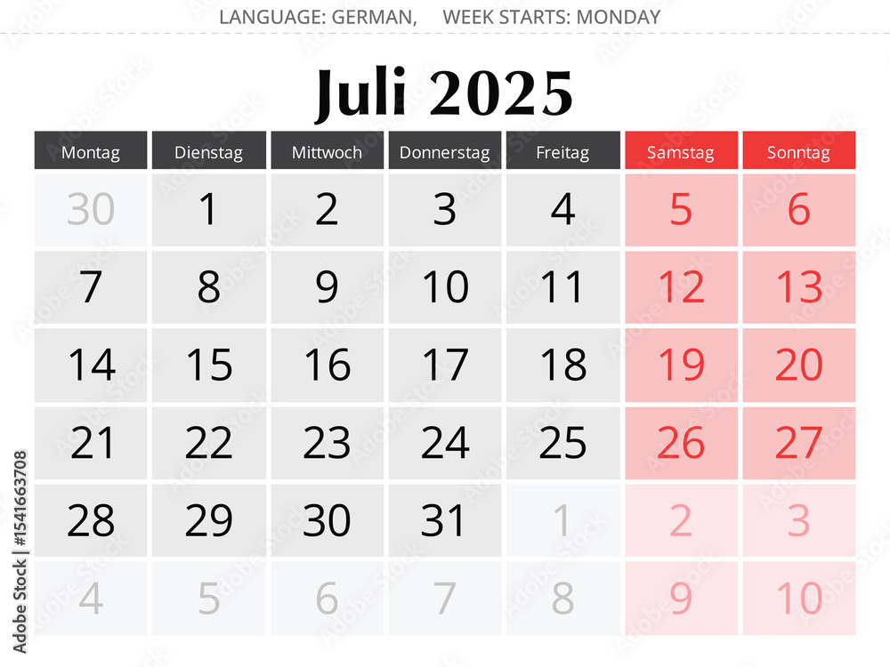 German calendar for july 2025. Vector of month for Germany - Kalender juli