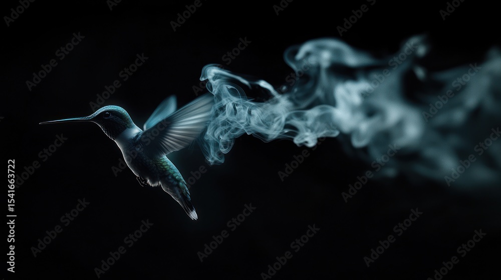 Fototapeta premium Hummingbird in flight, smoke trails, dark background, ethereal