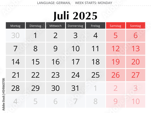 German calendar for july 2025. Vector of month for Germany - Kalender juli