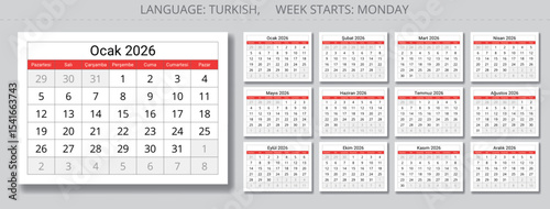 2026 year turkish calendar. Collection of 12 months. Vector for Turkey