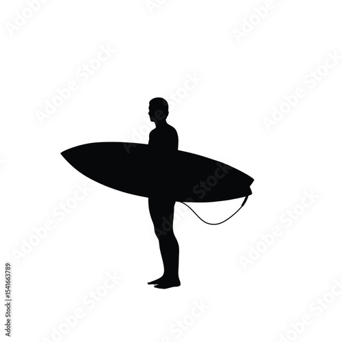 Black Silhouette Surfer Holding Surfboard White Background