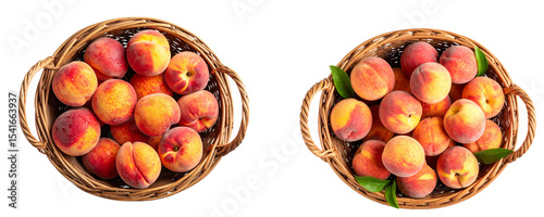 Set of Top View of a Woven Basket Filled with Fresh Ripe Peaches, isolated on transparent background 