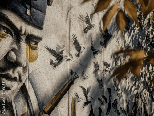 Mural depicting masked strategist engaged game of Go, surrounded by flying birds, showcases intricate artistry and cultural depth. vibrant colors and detailed expressions evoke sense of strategy