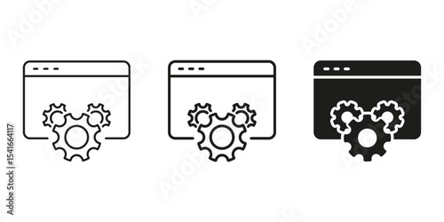 Web Development And Optimization Gear Icon Set. Website Configuration And Maintenance Outline And Silhouette Symbol Collection. Browser And Gear Integration. Isolated Vector Illustration