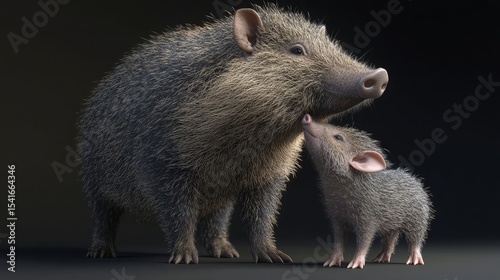 Collared peccary (Pecari tajacu). Collared peccary (Pecari tajacu) with its baby. Wild life animal.