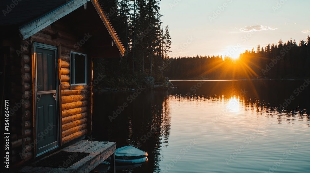 Fototapeta premium Lakeside cabin at sunset (1)