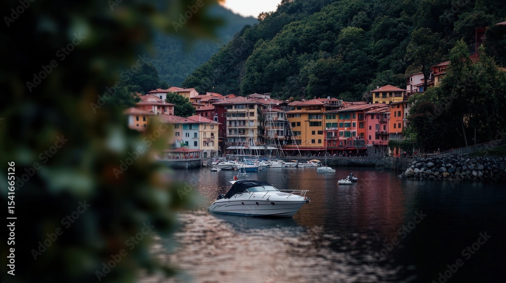 Fototapeta premium Colorful harbor town, boat, mountains, evening view