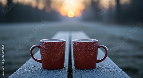 Two Red Mugs Covered in Frost on a Bench at Sunrise