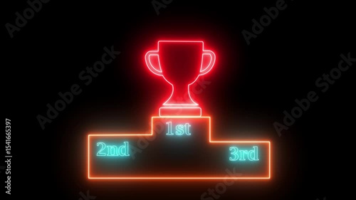 Glowing neon line winner trophy podium with 1st, 2nd, and 3rd place icon animation. glowing red neon Trophy Award icon on Stand
