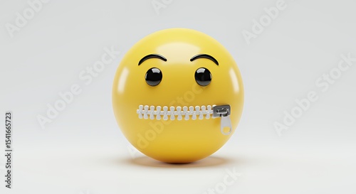 Yellow Emoji Face with Zipper for Mouth Conveying Silence Concept