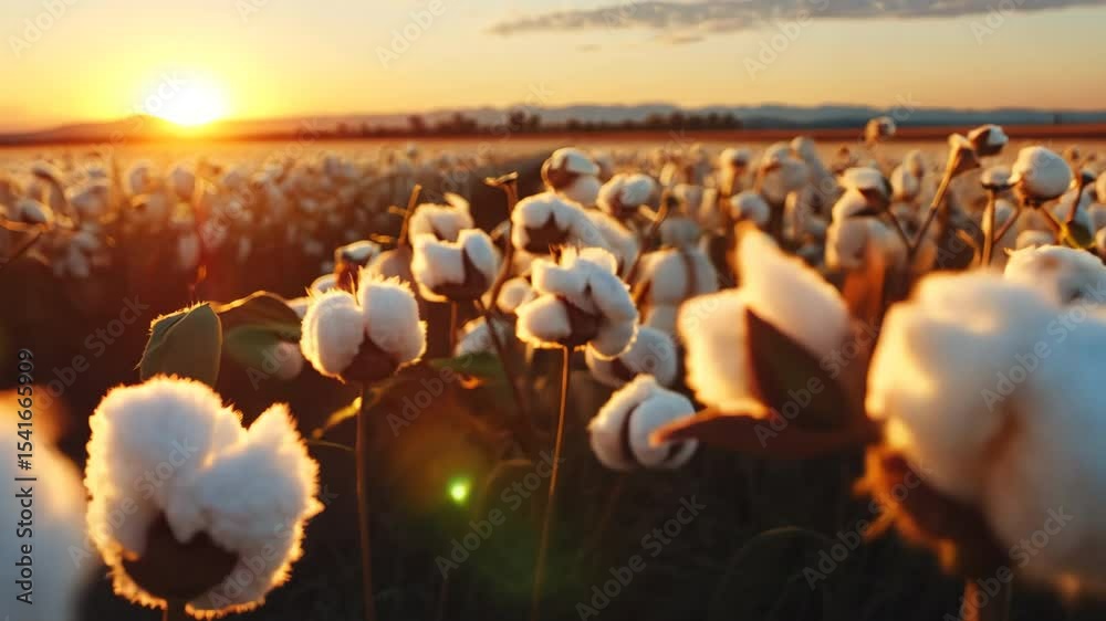 Glowing sunset illuminating a vast cotton field, highlighting fluffy cotton bolls poised for harvesting, creating a tranquil and picturesque agricultural landscape