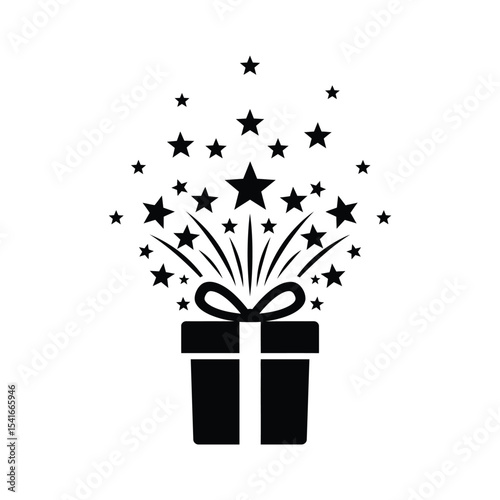 Black Silhouette Gift Box Exploding Stars White Background Vector Icon