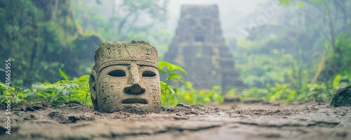 Ancient stone Olmec head sculpture partially buried, surrounded by lush greenery, with a misty, pyramid-shaped ruin in the background.