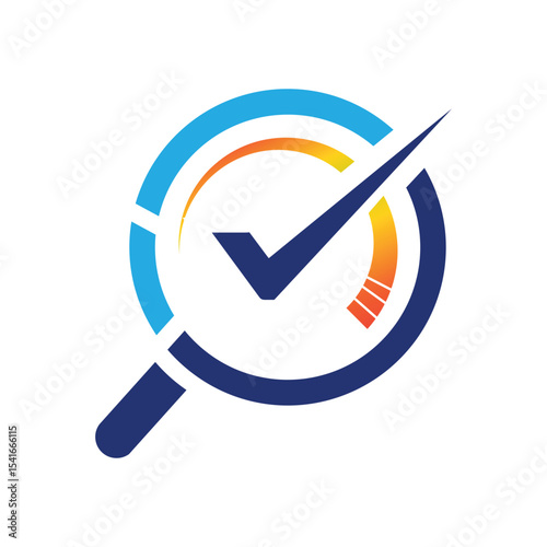 The image shows a flat logo design of a magnifying glass with speedometer and a check mark in blue and orange color that looks clean and modern on a white background
	
