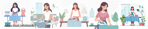 vector character woman ironing clothes