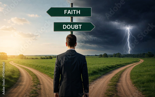 Businessman at crossroads with faith and doubt sign in rural landscape, choosing path in challenging life decision, inner conflict personal journey with stormy and calm skies symbolism concept