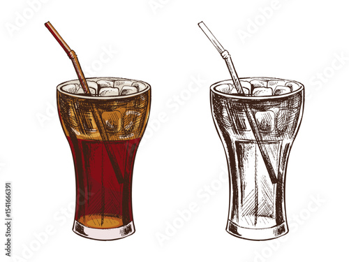 Hand drawn vintage sketch of cold soda drink in glass with straw, in color and monochrome version, vector illustration