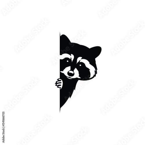 Black Raccoon Silhouette Peeking White Background Vector Icon