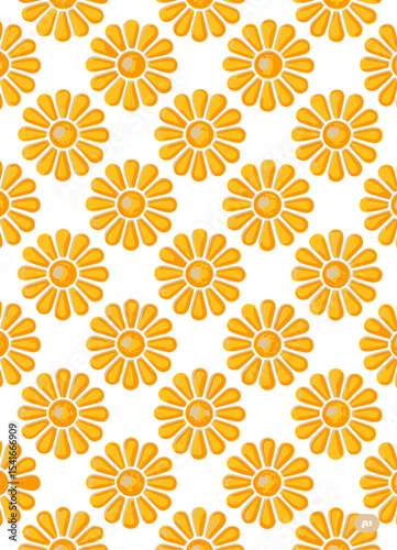 Seamless pattern of golden stylized flowers with rounded petals on a white background evenly spaced