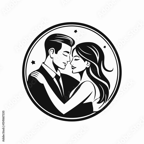 Romantic Couple Lovers Embrace Man logo design vector on white background.