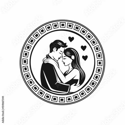 Romantic Couple Lovers Embrace Man logo design vector on white background.