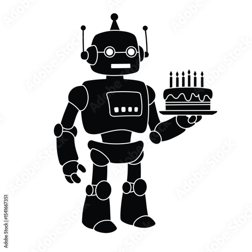 Black Silhouette Robot Holding Birthday Cake White Background