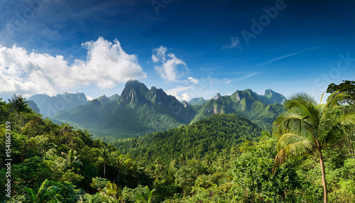 tropical forest and mountains under blue sky