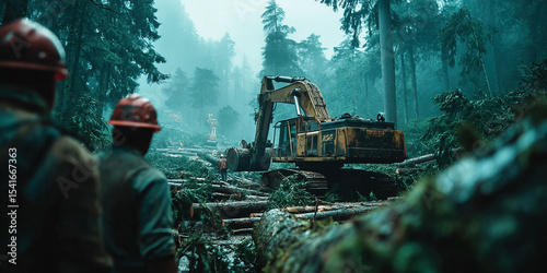 Logging operation in a dense jungle with machinery and workers cutting trees