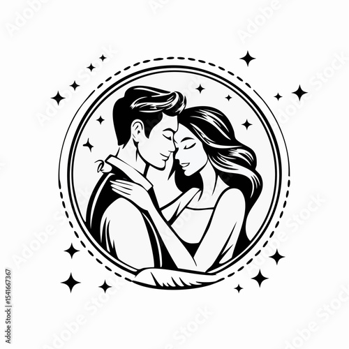 Romantic Couple Lovers Embrace Man logo design vector on white background.