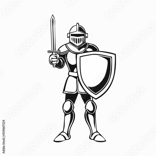 Brave knight stands in full armor holding a sword and shield image vector isolated on white background.