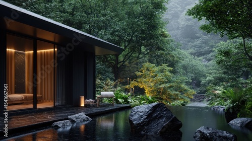 Modern retreat in a lush rainforest, rain falling,  exterior view, for relaxation