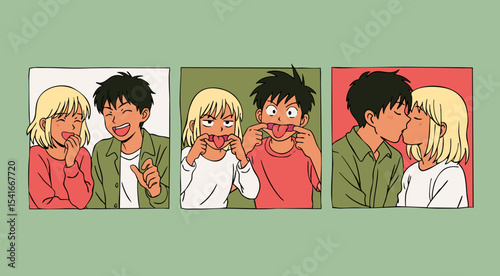 Portraits of lovely young couple kissing, smiling, fooling around. Anime, manga, kawaii asian style. Hand drawn Vector illustration. Love, relationship, Valentine's Day, emotions, dating concept