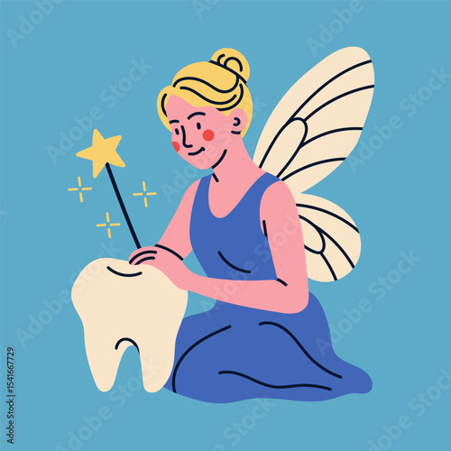 Tooth fairy with wings, magic wand, big tooth. Сute magic character. Hand drawn Vector illustration. Isolated design element. Medical cabinet, children dentist, first tooth lost concept