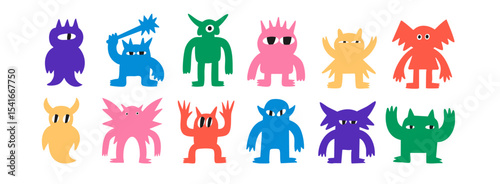 Abstract little colorful Monsters or fantastic animals. Various quirky funny creatures. Cartoon childish style. Cute characters. Hand drawn trendy Vector illustration. Isolated design elements