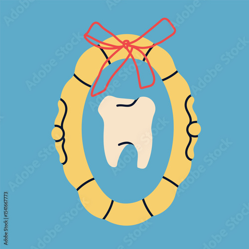 Tooth in frame with ribbon. Hand drawn modern Vector illustration. Isolated design element. Medical cabinet, children dentist, first tooth lost concept. Sticker, logo, print template