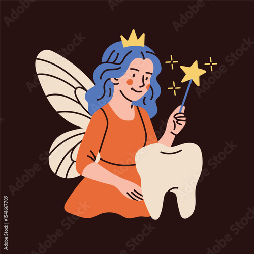 Tooth fairy with wings, magic wand, big tooth. Сute magic character. Hand drawn Vector illustration. Isolated design element. Medical cabinet, children dentist, first tooth lost concept