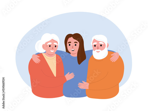 Daughter with her elderly parents together. Different generations are happy, care and love for gray-haired old people. Vector flat graphics.