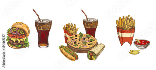Hand drawn vintage set of fast food items with cola, burger, pizza, fries and sauces in color