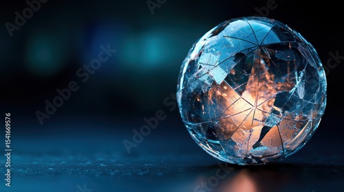 Shattered crystal Earth globe on dark surface, global crisis, blurred city lights background.  Possible use environmental awareness presentation