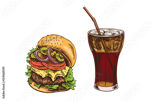 Hand drawn vintage sketch of cheeseburger with vegetables and soda drink in glass with ice, isolated vector illustration
