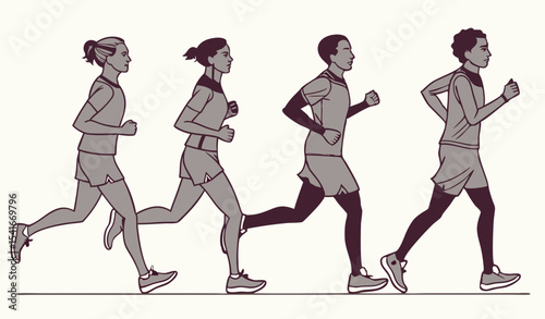 Isolated illustration of marathon long distance runners, five members in a single column are running              