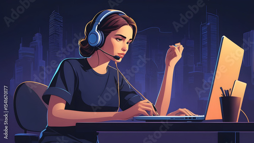 Focused Support: A young woman, equipped with a headset, attentively types on a computer in a call center, ready to assist customers with a smile.