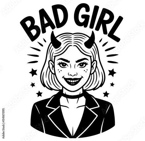 Young Woman Smiling with Devil Horns and “Bad Girl” Text. Edgy Feminine Rebellion