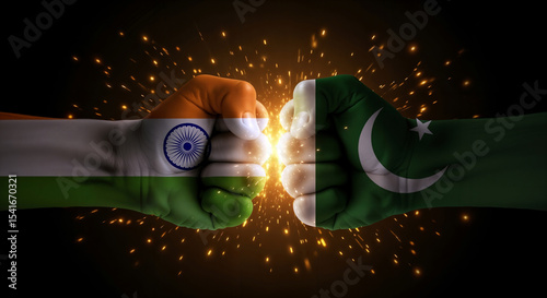 INDIA flag painted fist bumps into PAKISTAN flag painted fist powerfully with a glowing crash effect in a dark background with glowing ambers around. Broken Diplomacy Concept. War Tension.
